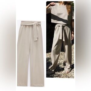 ZARA High Waist Cotton Trousers with belt Sand Beige size M